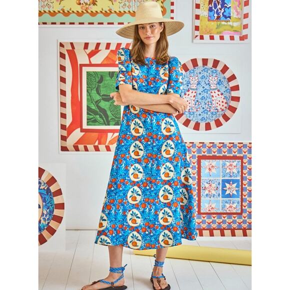 Hunter Bell Casey Dress in Orange Grove blue linen blend midi sheath Size 0 - Picture 2 of 16